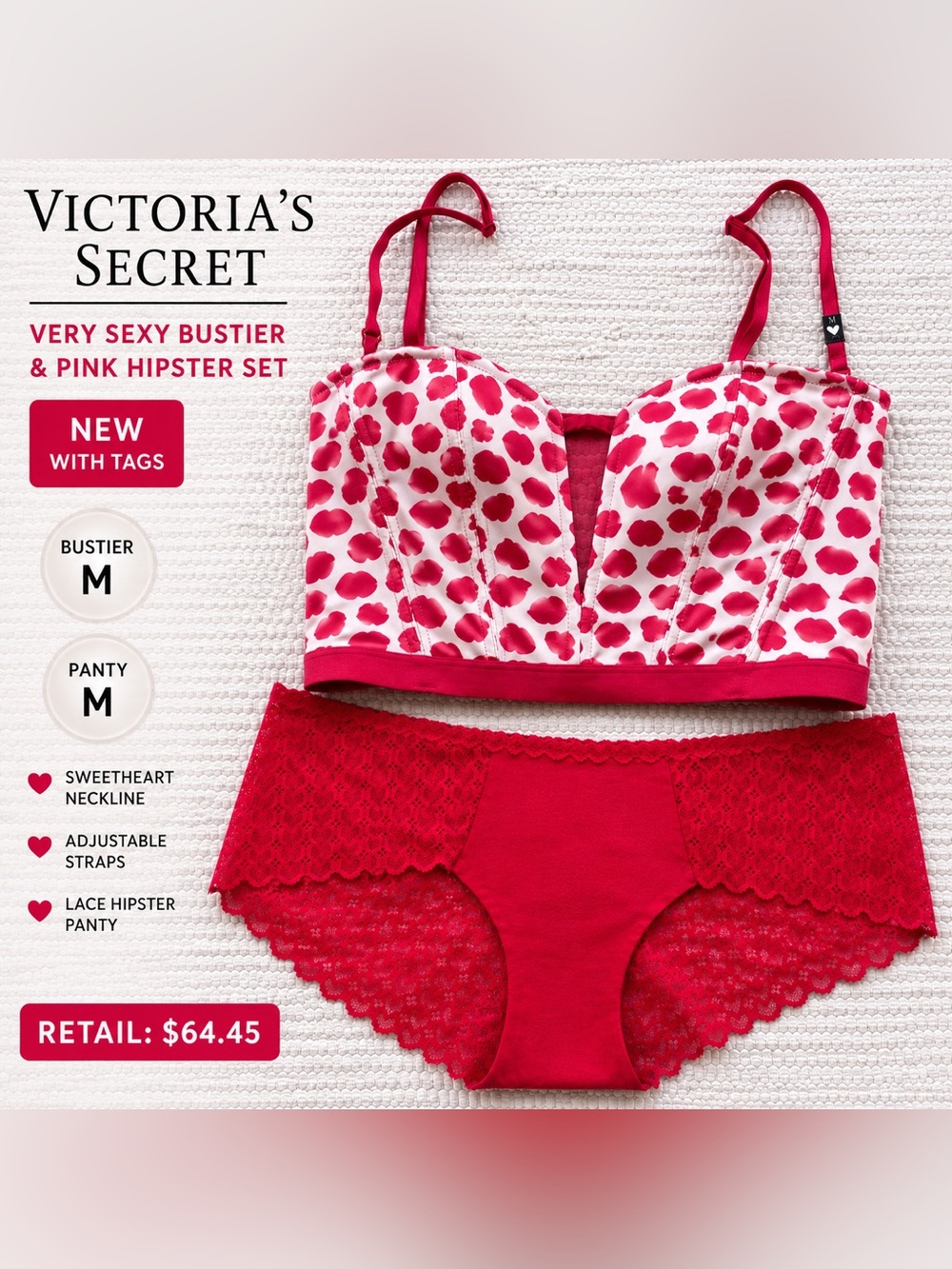 Victoria’s Secret Very Sexy Bustier & PINK Heart Lace Hipster Set NWT M